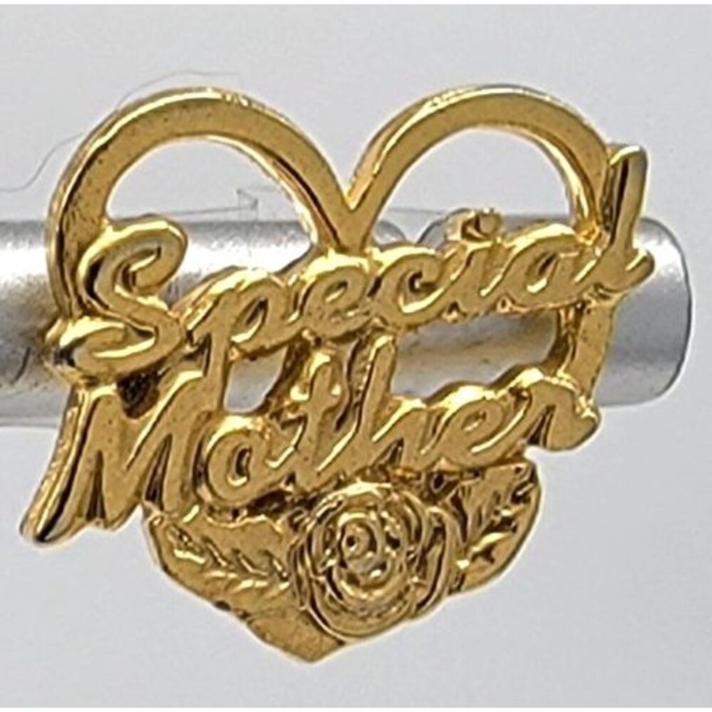 Special Mother Heart Rose Lapel Pin Brooch Gold Tone Metal Vintage Shiny!